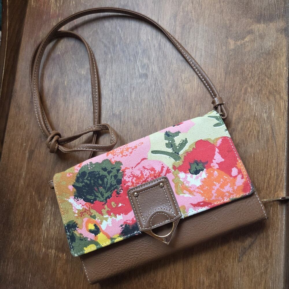 Liz Claiborne Brown leather Colorful Floral Crossbody Bag Purse Card Slots